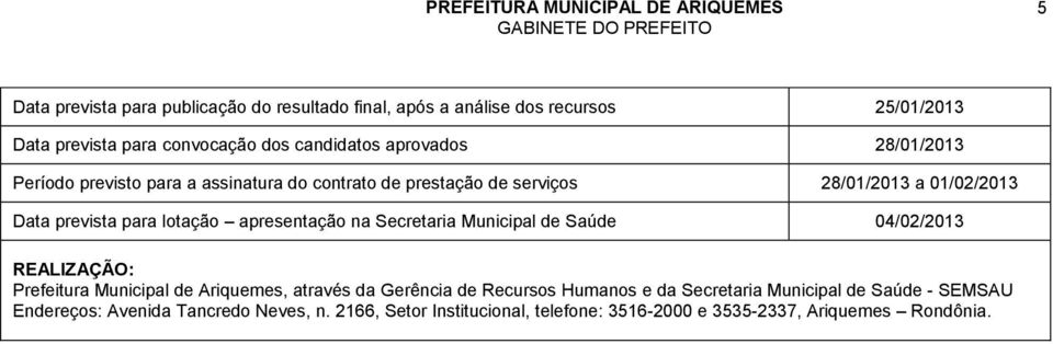 na Secretaria Municipal de Saúde 04/02/2013 REALIZAÇÃO: Prefeitura Municipal de Ariquemes, através da Gerência de Recursos Humanos e da Secretaria