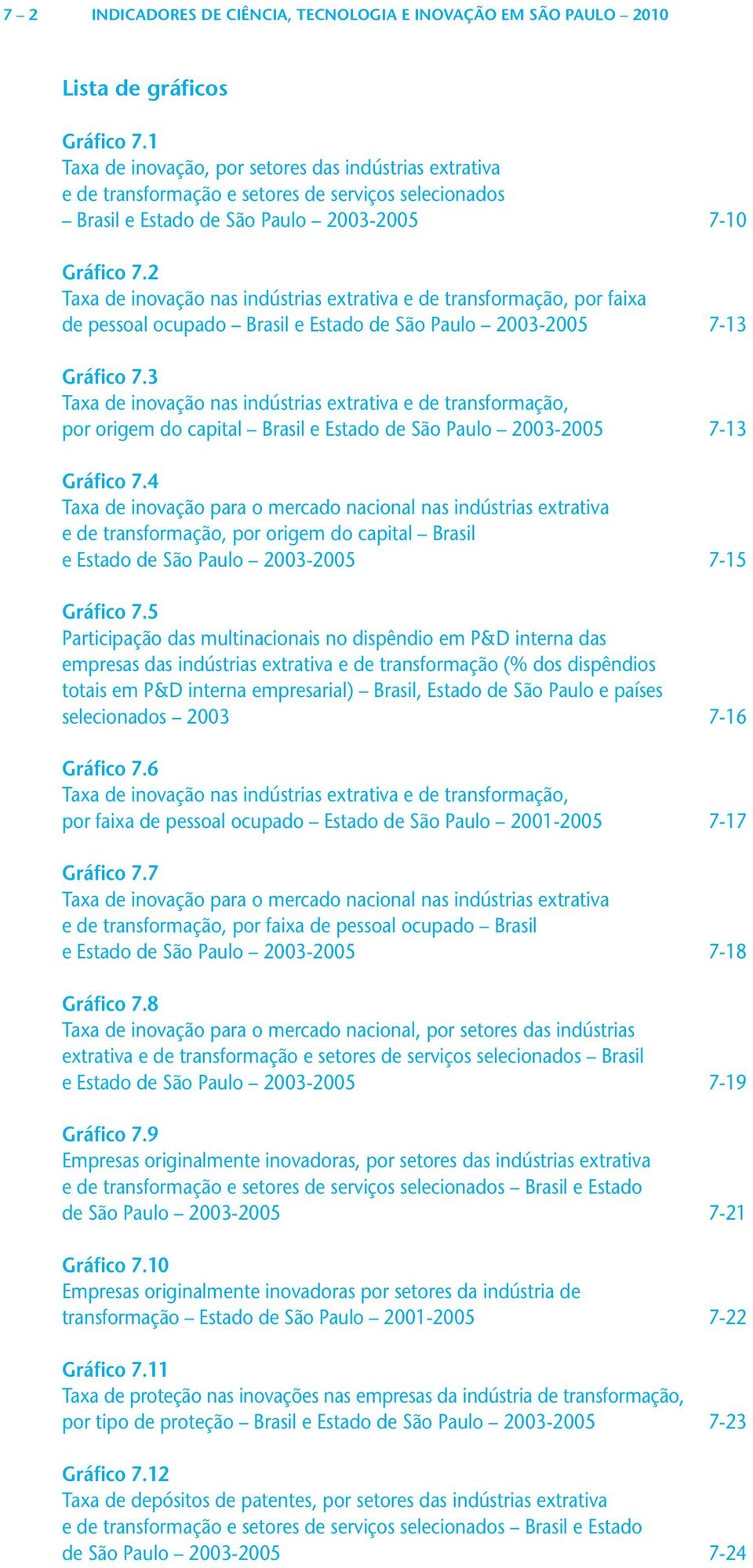 2 Taxa de inovação nas indústrias extrativa e de transformação, por faixa de pessoal ocupado Brasil e Estado de São Paulo 2003-2005 7-13 Gráfico 7.