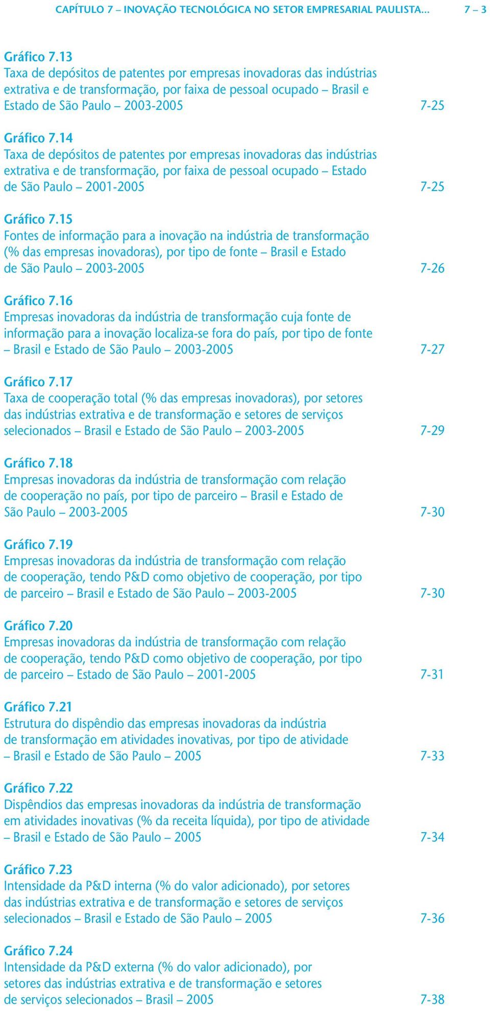 14 Taxa de depósitos de patentes por empresas inovadoras das indústrias extrativa e de transformação, por faixa de pessoal ocupado Estado de São Paulo 2001-2005 7-25 Gráfico 7.