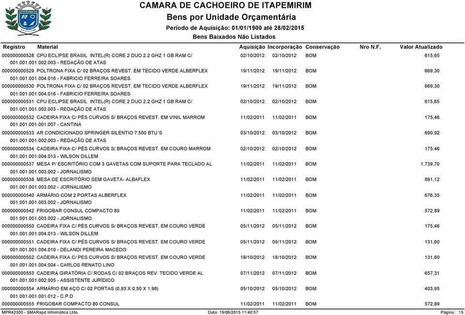 016 - FABRICIO FERREIRA SOARES 000000000531 CPU ECLIPSE BRASIL INTEL(R) CORE 2 DUO 2.2 GHZ 1 GB RAM C/ 001.001.001.002.003 - REDAÇÃO DE ATAS 000000000532 CADEIRA FIXA C/ PÉS CURVOS S/ BRAÇOS REVEST.