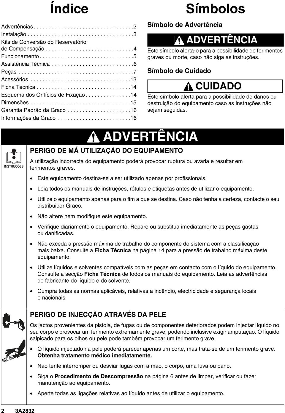 .............................. Esquema dos Orifícios de Fixação............... Dimensões................................. Garantia Padrão da Graco..................... Informações da Graco.