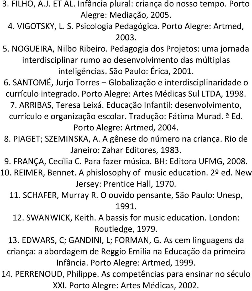 SANTOMÉ, Jurjo Torres Globalização e interdisciplinaridade o currículo integrado. Porto Alegre: Artes Médicas Sul LTDA, 1998. 7. ARRIBAS, Teresa Leixá.