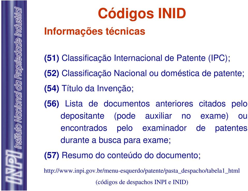 auxiliar no exame) ou encontrados pelo examinador de patentes durante a busca para exame; (57) Resumo do conteúdo do