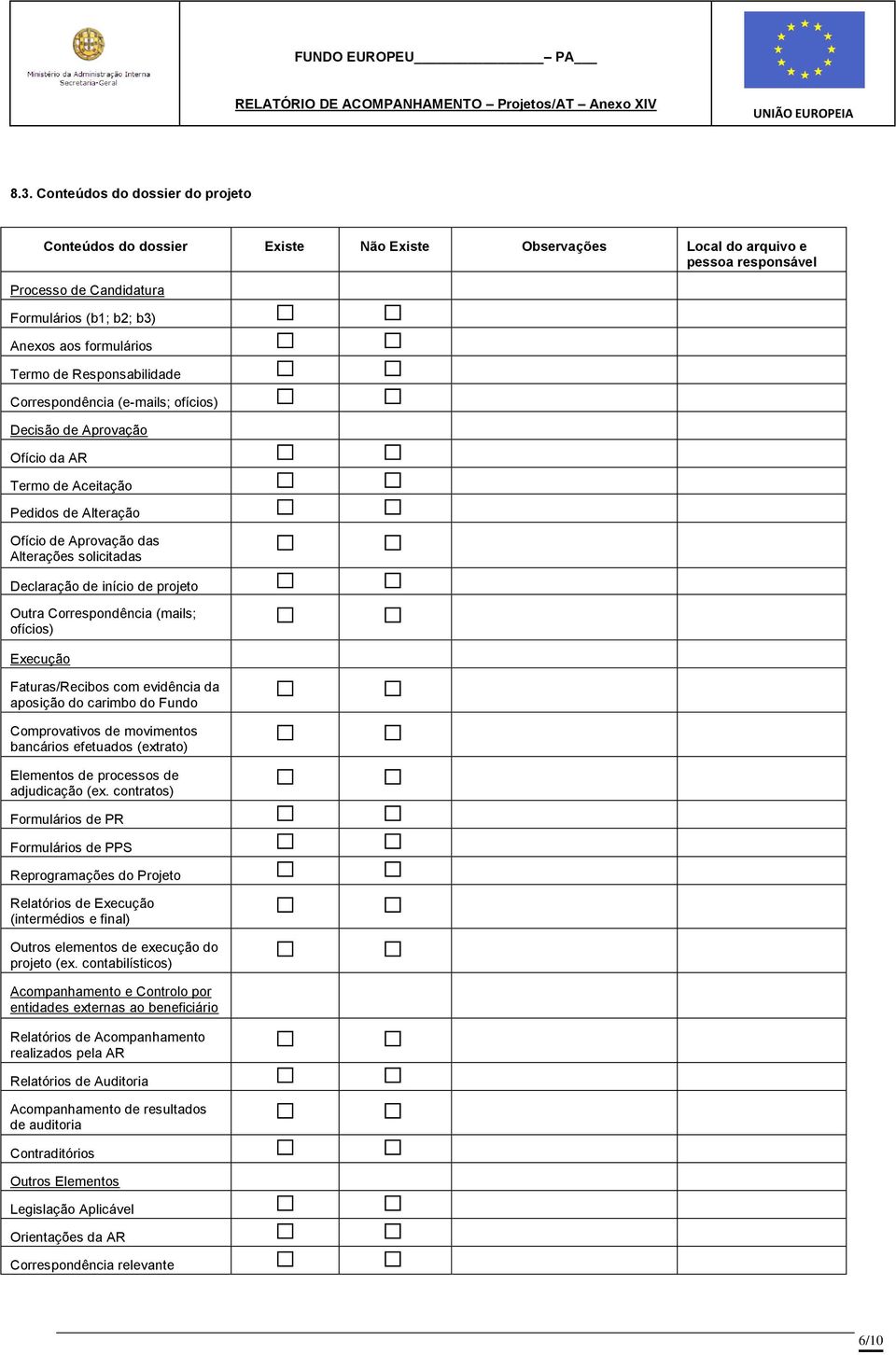 projeto Outra Correspondência (mails; ofícios) Execução Faturas/Recibos com evidência da aposição do carimbo do Fundo Comprovativos de movimentos bancários efetuados (extrato) Elementos de processos