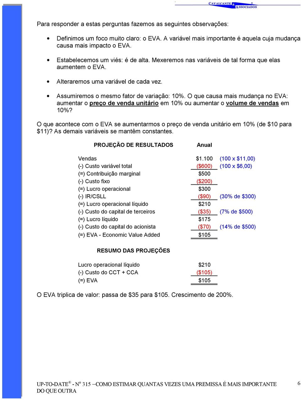 O que causa mais mudança no EVA: aumentar o preço de venda unitário em 10% ou aumentar o volume de vendas em 10%?