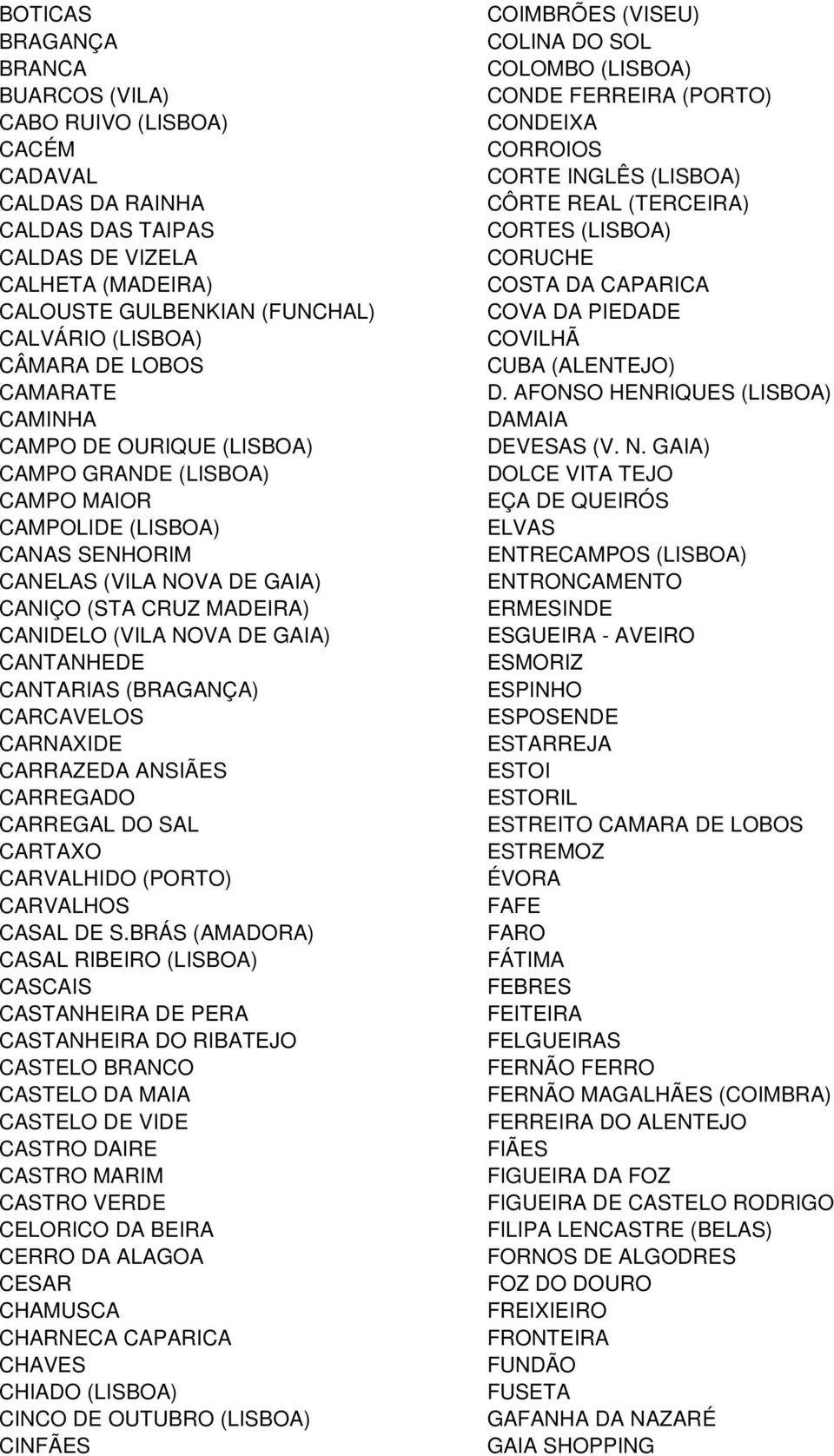 GAIA) CANTANHEDE CANTARIAS (BRAGANÇA) CARCAVELOS CARNAXIDE CARRAZEDA ANSIÃES CARREGADO CARREGAL DO SAL CARTAXO CARVALHIDO (PORTO) CARVALHOS CASAL DE S.