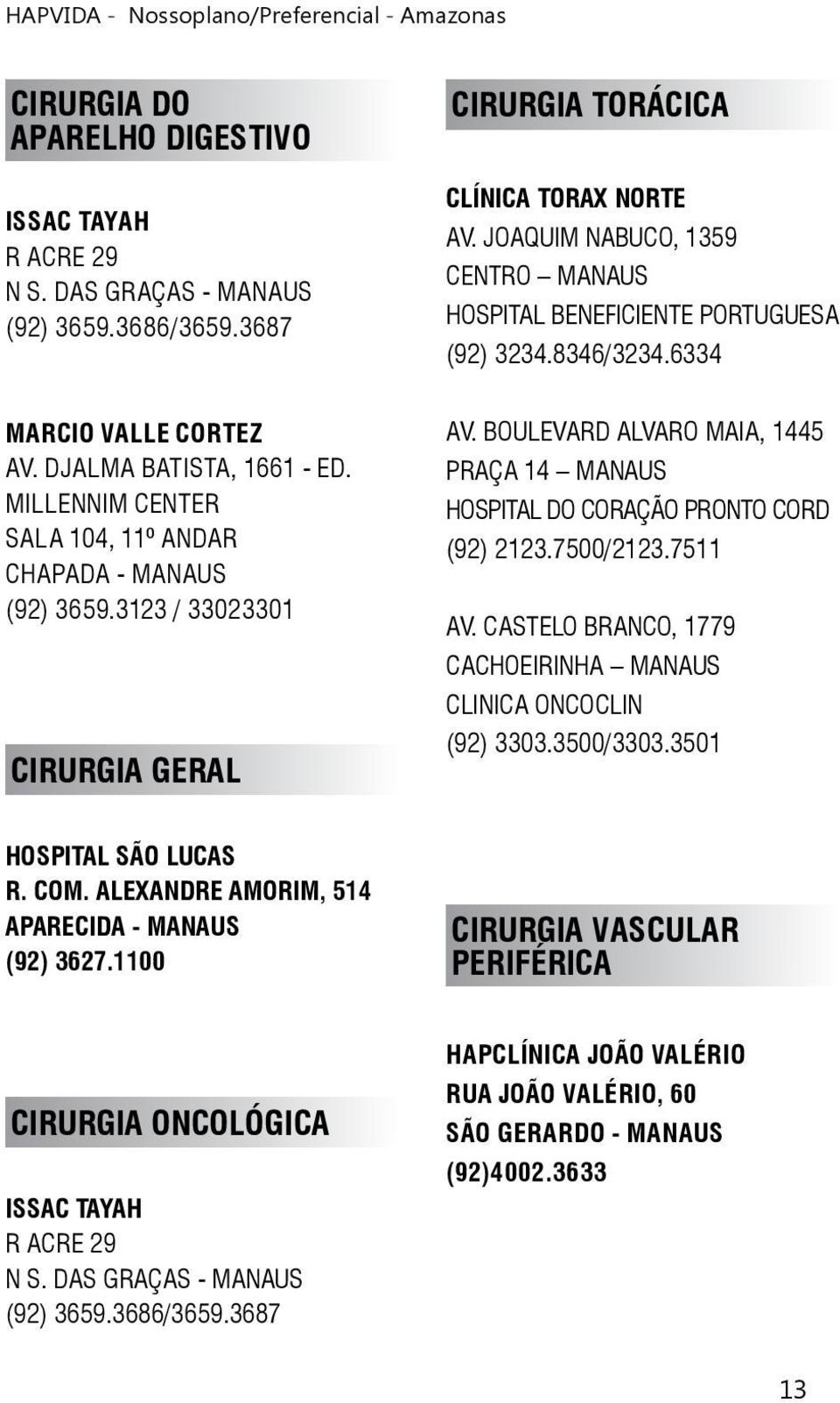 3123 / 33023301 CIRURGIA GERAL AV. BOULEVARD ALVARO MAIA, 1445 PRAÇA 14 MANAUS HOSPITAL DO CORAÇÃO PRONTO CORD (92) 2123.7500/2123.7511 AV.