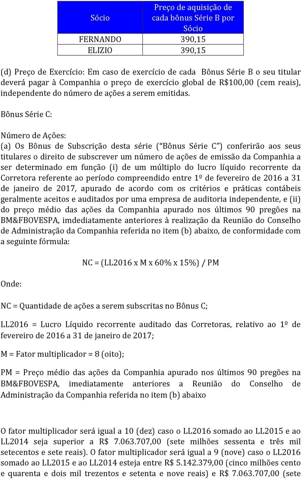 Bônus Série C: Número de Ações: (a) Os Bônus de Subscrição desta série ( Bônus Série C ) conferirão aos seus titulares o direito de subscrever um número de ações de emissão da Companhia a ser