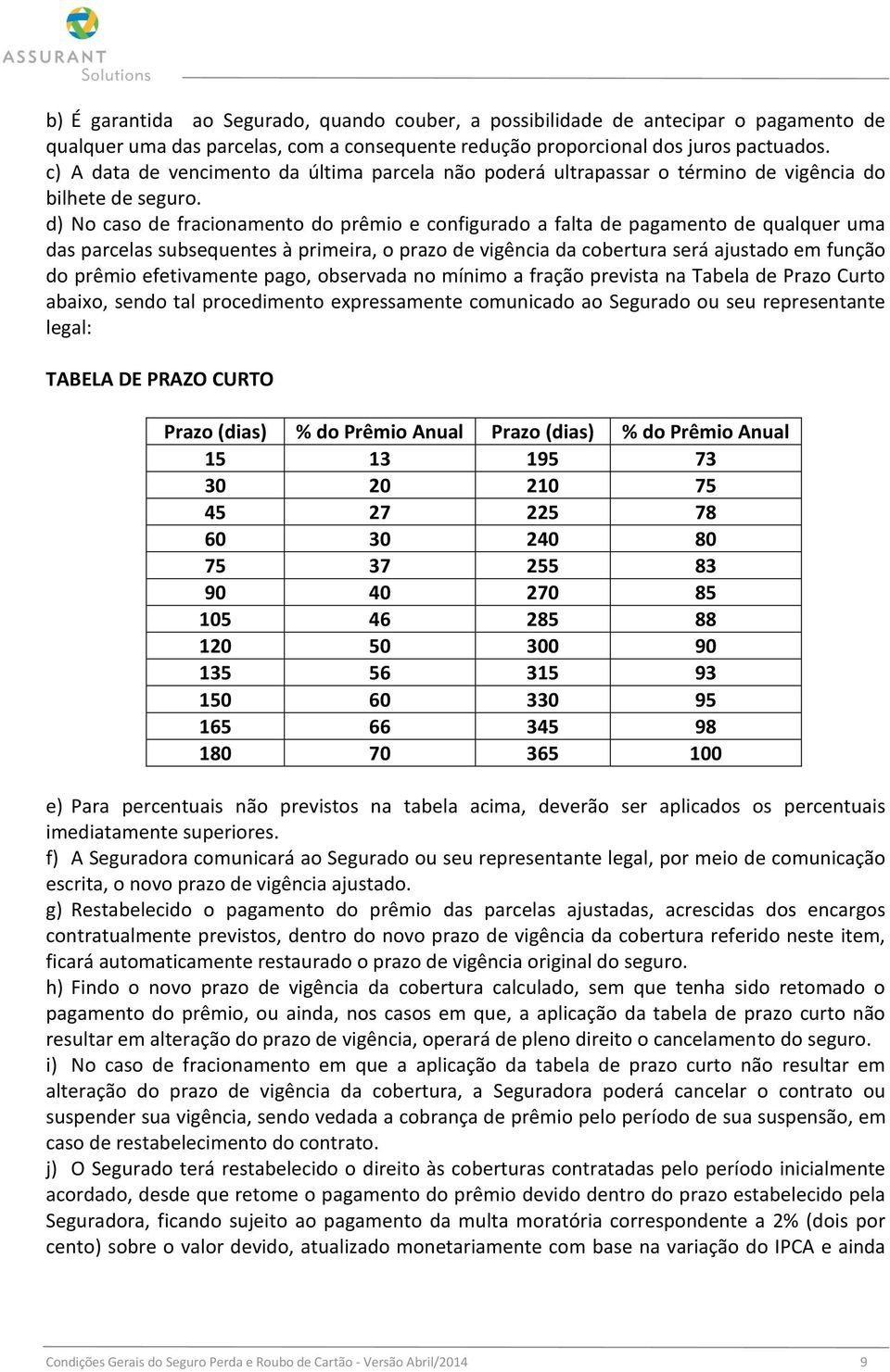 d) No caso de fracionamento do prêmio e configurado a falta de pagamento de qualquer uma das parcelas subsequentes à primeira, o prazo de vigência da cobertura será ajustado em função do prêmio