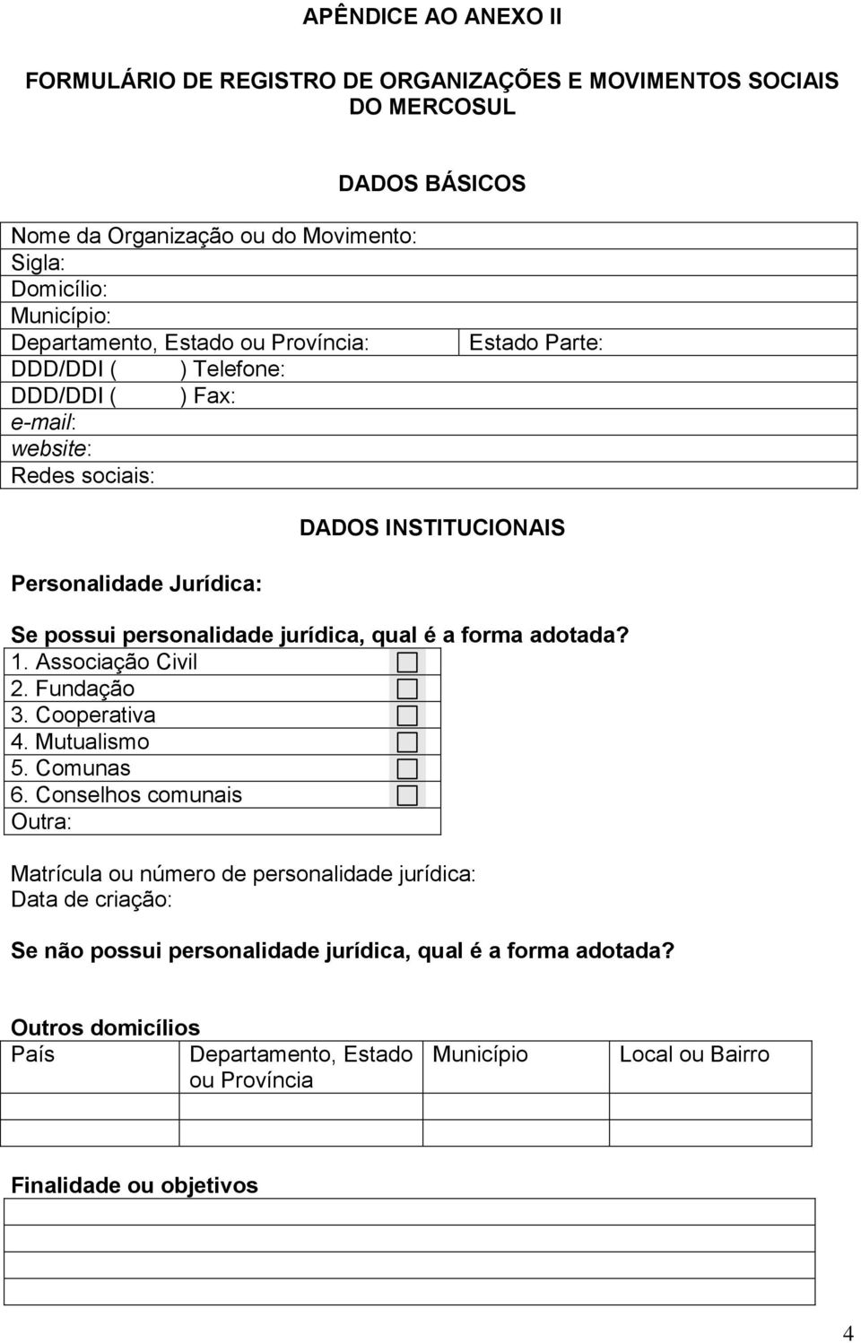 personalidade jurídica, qual é a forma adotada? 1. Associação Civil 2. Fundação 3. Cooperativa 4. Mutualismo 5. Comunas 6.