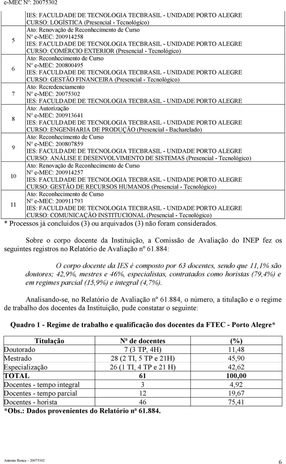 Bacharelado) Ato: Reconhecimento de Curso Nº e-mec: 200807859 9 CURSO: ANÁLISE E DESENVOLVIMENTO DE SISTEMAS (Presencial - Tecnológico) Ato: Renovação de Reconhecimento de Curso Nº e-mec: 200914257