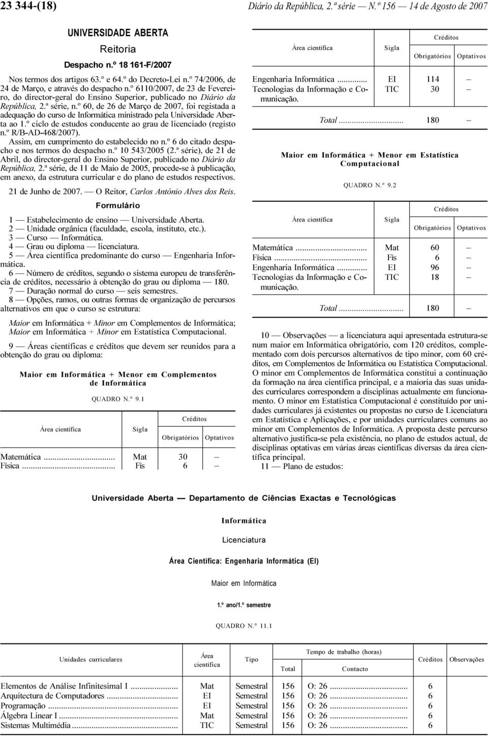 º 60, de 26 de Março de 2007, foi registada a adequação do curso de Informática ministrado pela Universidade Aberta ao 1.º ciclo de estudos conducente ao grau de licenciado (registo n.