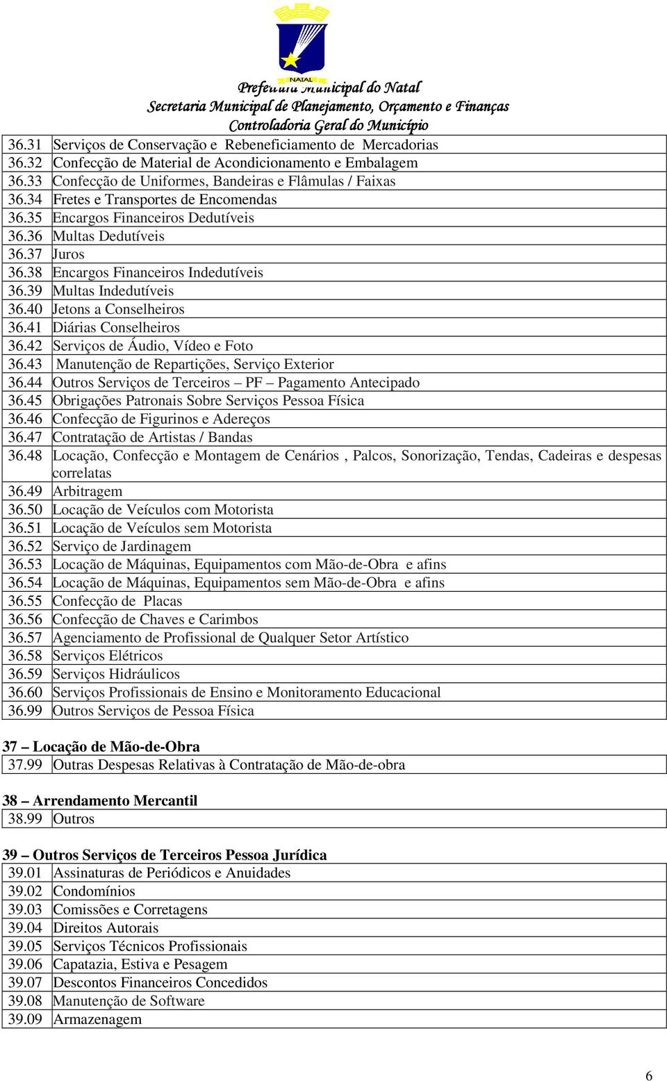 40 Jetons a Conselheiros 36.41 Diárias Conselheiros 36.42 Serviços de Áudio, Vídeo e Foto 36.43 Manutenção de Repartições, Serviço Exterior 36.