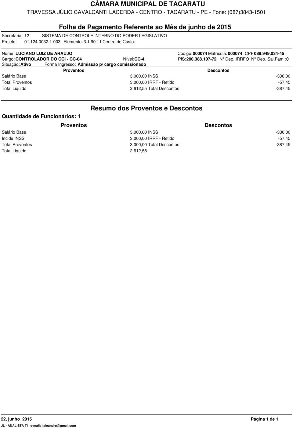 034-45 Cargo: CONTROLADOR DO CCI - CC-04 Nível: CC-4 PIS:200.388.107-72 Nº Dep. IRRF:0 Nº Dep. Sal.Fam.: 0 Total 3.