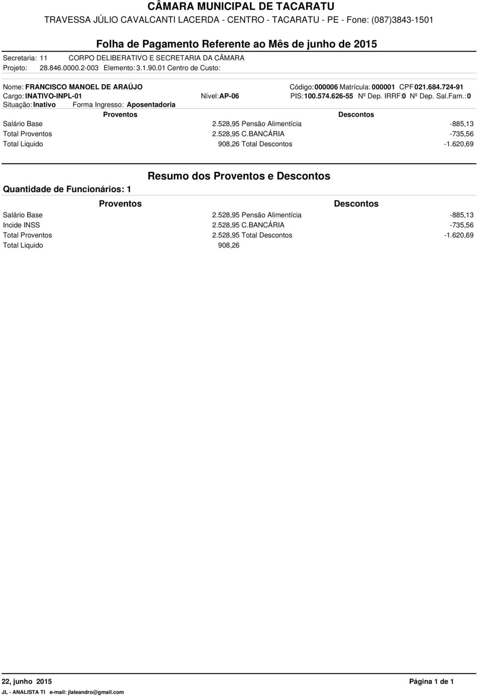 : 0 Situação: Inativo Forma Ingresso: Aposentadoria Salário Base 2.528,95 Pensão Alimentícia -885,13 Total 2.528,95 C.