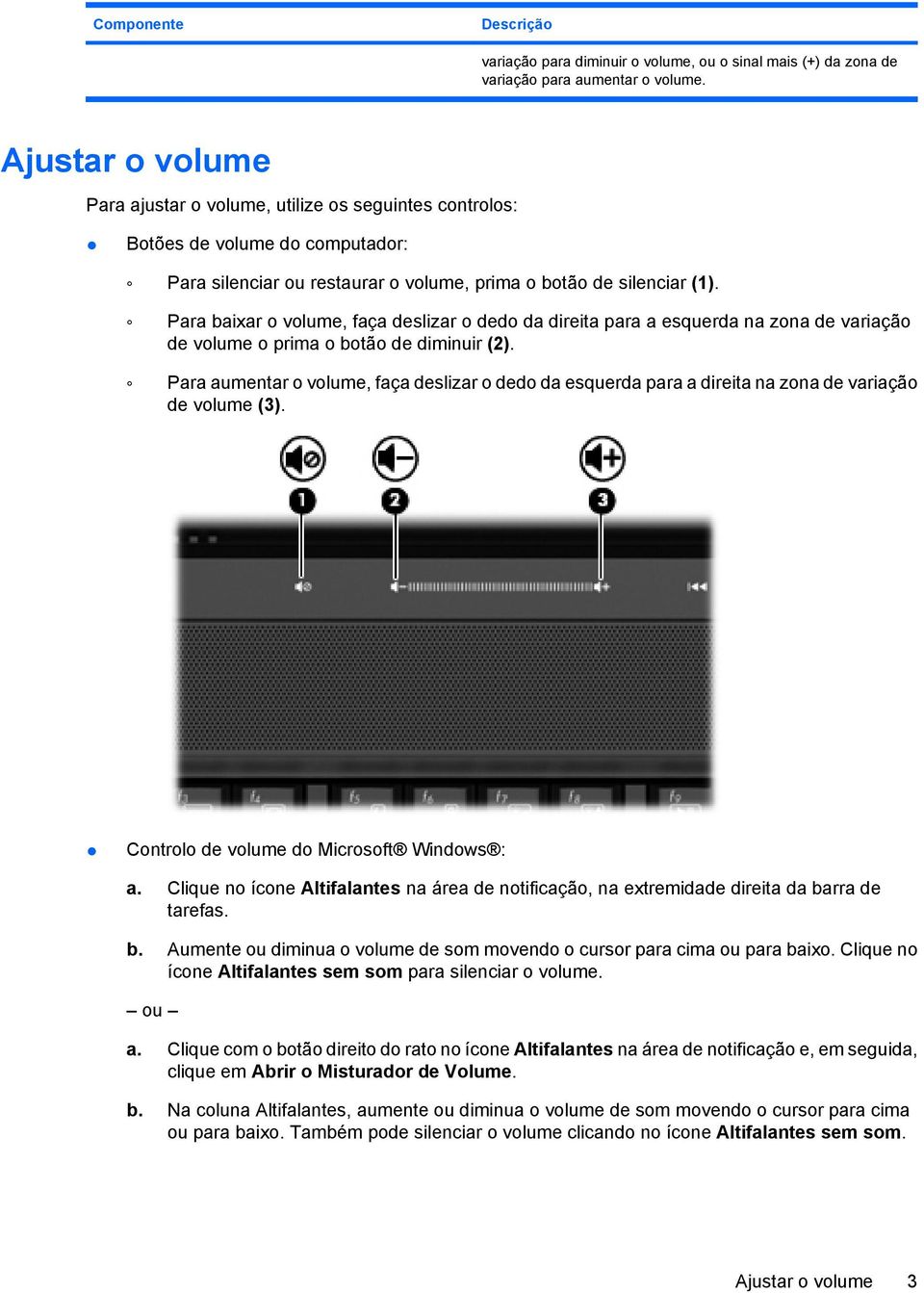 Para baixar o volume, faça deslizar o dedo da direita para a esquerda na zona de variação de volume o prima o botão de diminuir (2).