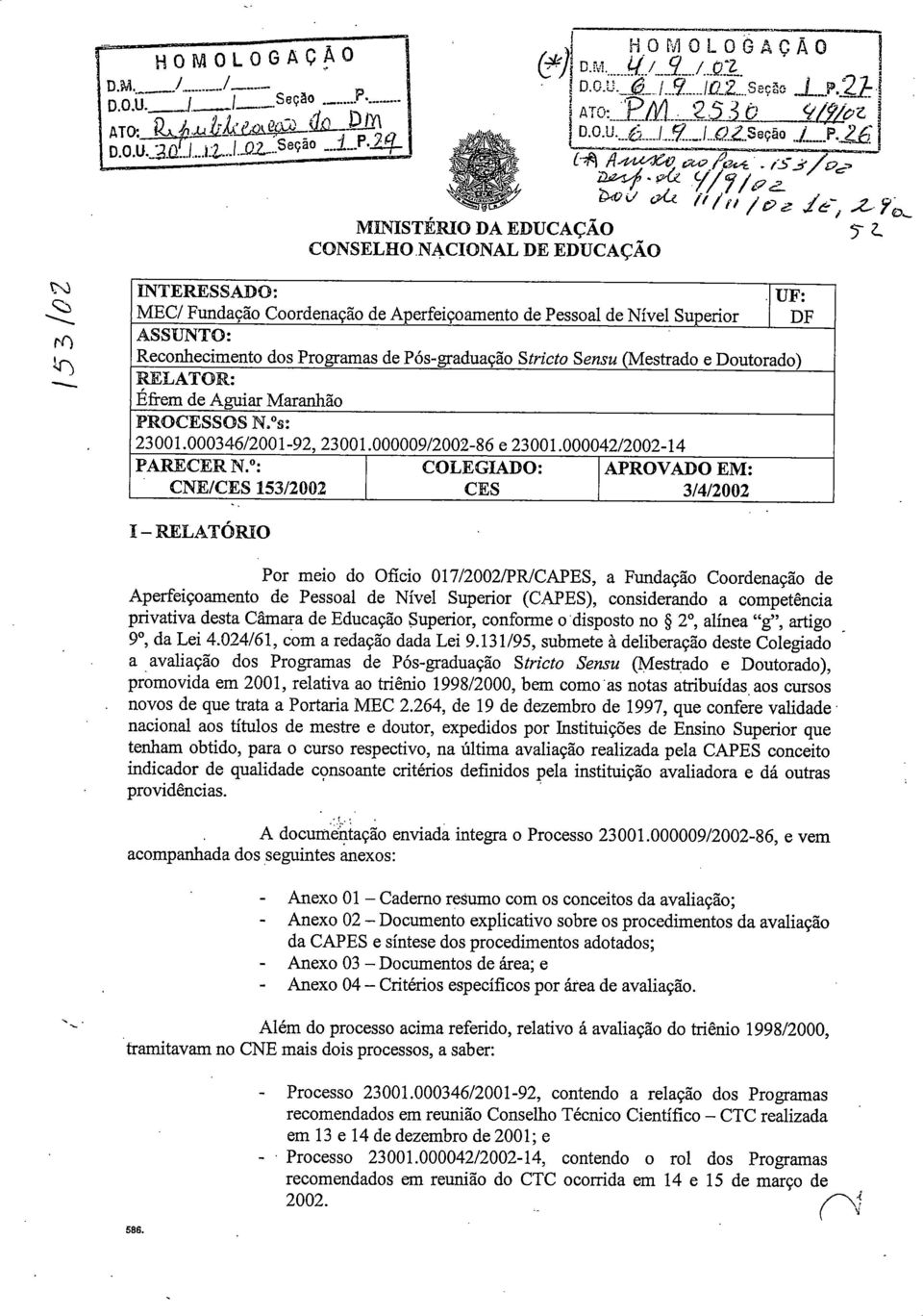 Programas de Pós-graduação Síricto Sensu (Mestrado e Doutorado) RELATOR: Efi-em de Aguiar Maranhão PROCESSOS N.^s: 23001.000346/2001-92, 23001.000009/2002-86 e 23001.000042/2002-14 PARECER N.