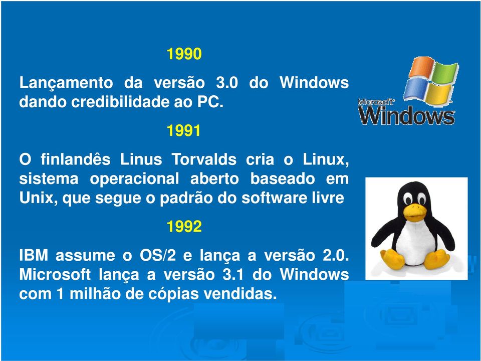 baseado em Unix, que segue o padrão do software livre 1992 IBM assume o OS/2