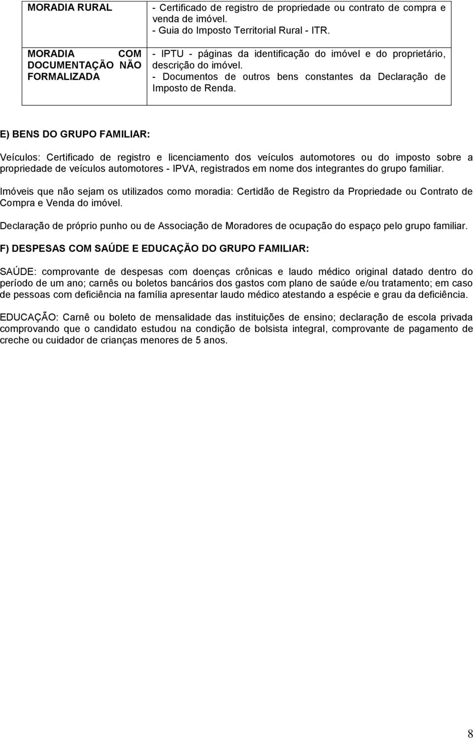 E) BENS DO GRUPO FAMILIAR: Veículos: Certificado de registro e licenciamento dos veículos automotores ou do imposto sobre a propriedade de veículos automotores - IPVA, registrados em nome dos