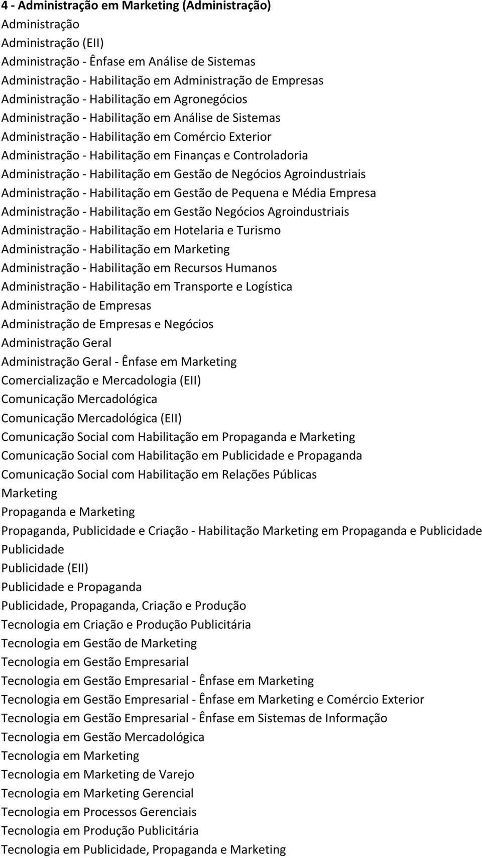 Habilitação em Hotelaria e Turismo - Habilitação em Marketing - Habilitação em Recursos Humanos - Habilitação em Transporte e Logística de Empresas Geral Geral - Ênfase em Marketing Comercialização e