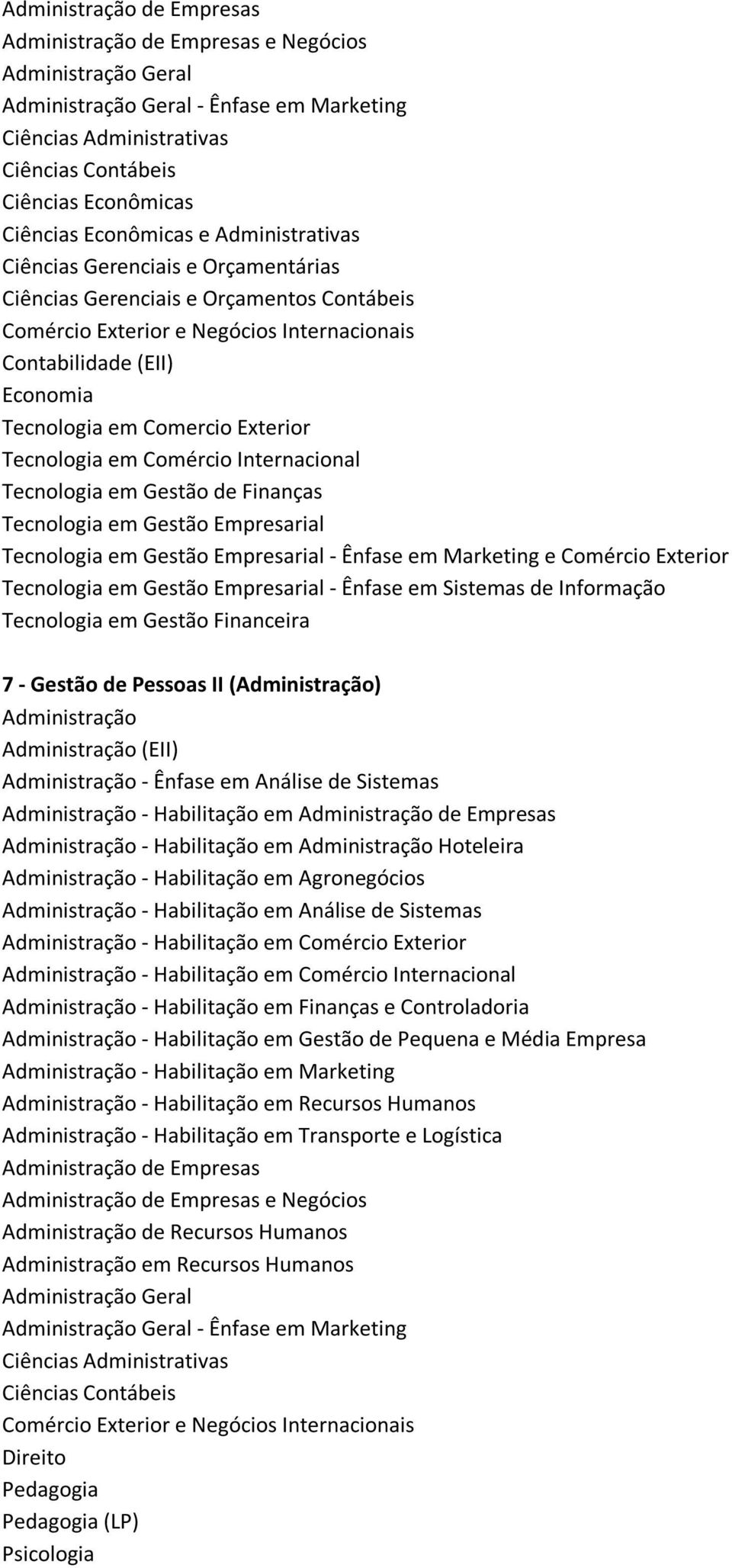 de Sistemas - Habilitação em de Empresas - Habilitação em Hoteleira - Habilitação em Agronegócios - Habilitação em Análise de Sistemas - Habilitação em Comércio Exterior - Habilitação em Comércio