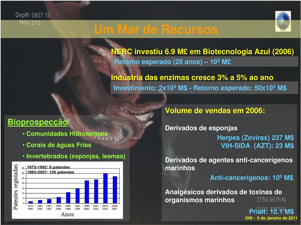 esperado: 50x10 3 M$ Bioprospecção Comunidades Hidrotermais Corais de águas Frias Invertebrados (esponjas, lesmas).