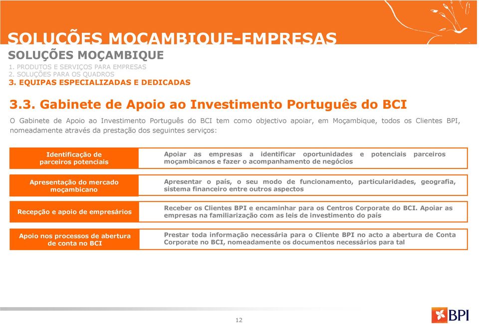 3. Gabinete de Apoio ao Investimento Português do BCI O Gabinete de Apoio ao Investimento Português do BCI tem como objectivo apoiar, em Moçambique, todos os Clientes BPI, nomeadamente através da