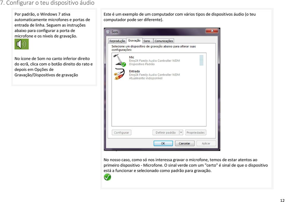 Este é um exemplo de um computador com vários tipos de dispositivos áudio (o teu computador pode ser diferente).