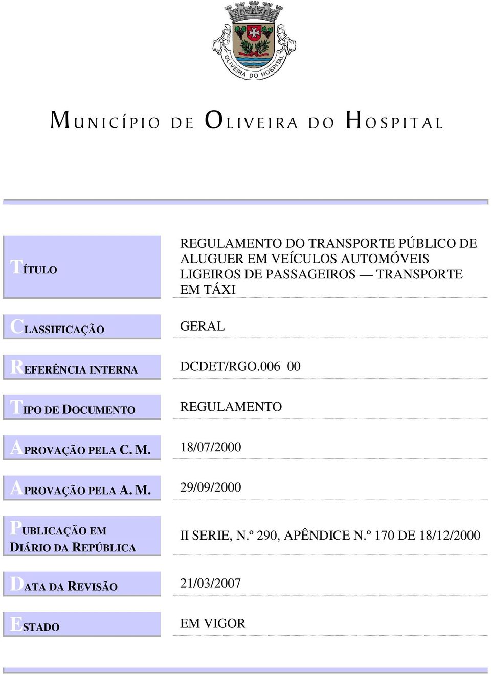 006 00 TIPO DE DOCUMENTO REGULAMENTO APROVAÇÃO PELA C. M.