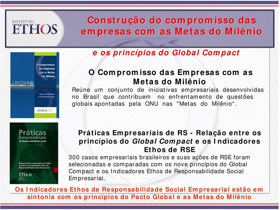 Práticas Empresariais de RS - Relação entre os princípios do Global Compact e os Indicadores Ethos de RSE 300 casos empresariais brasileiros e suas ações de RSE foram selecionadas e