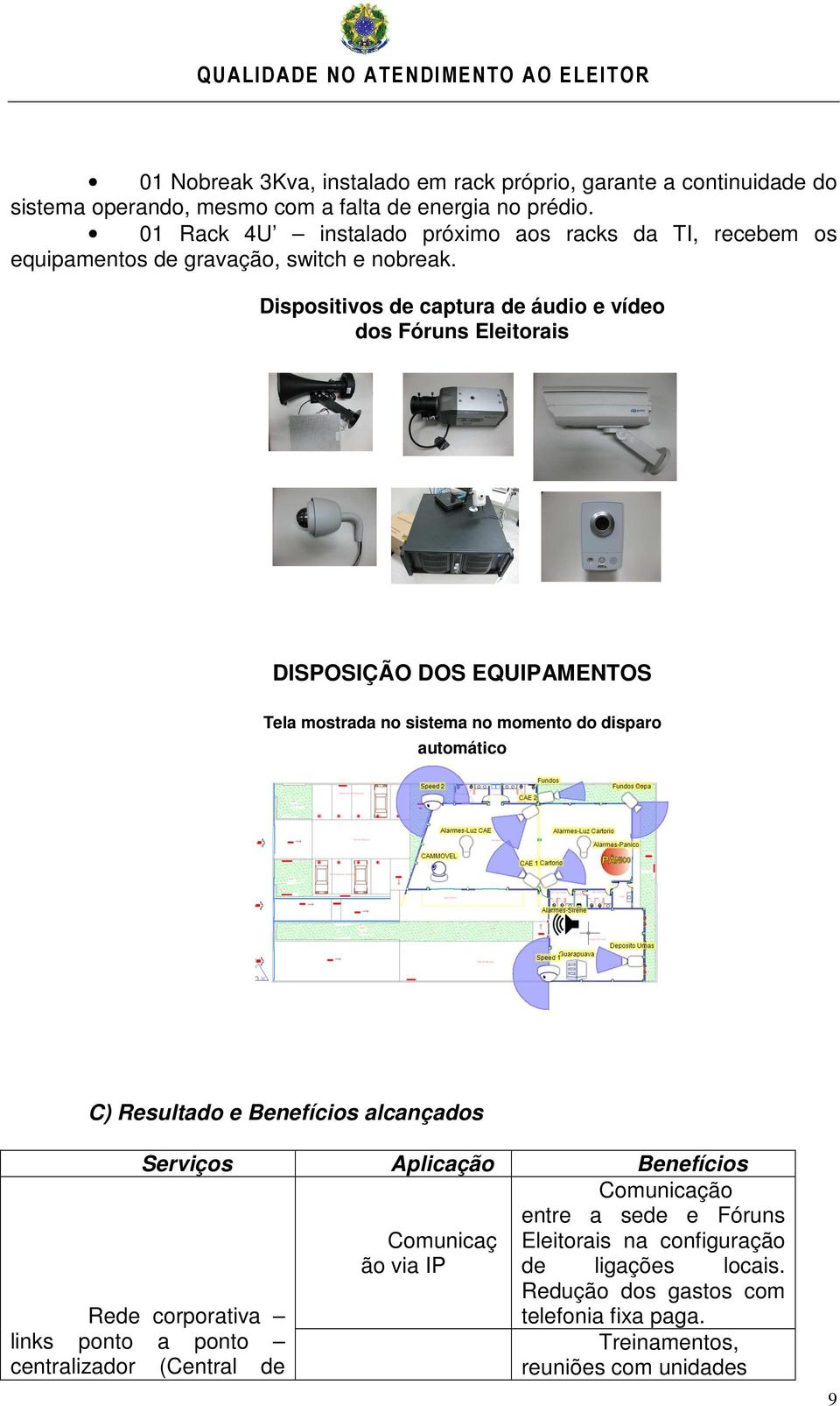 Dispositivos de captura de áudio e vídeo dos Fóruns Eleitorais DISPOSIÇÃO DOS EQUIPAMENTOS Tela mostrada no sistema no momento do disparo automático C) Resultado e