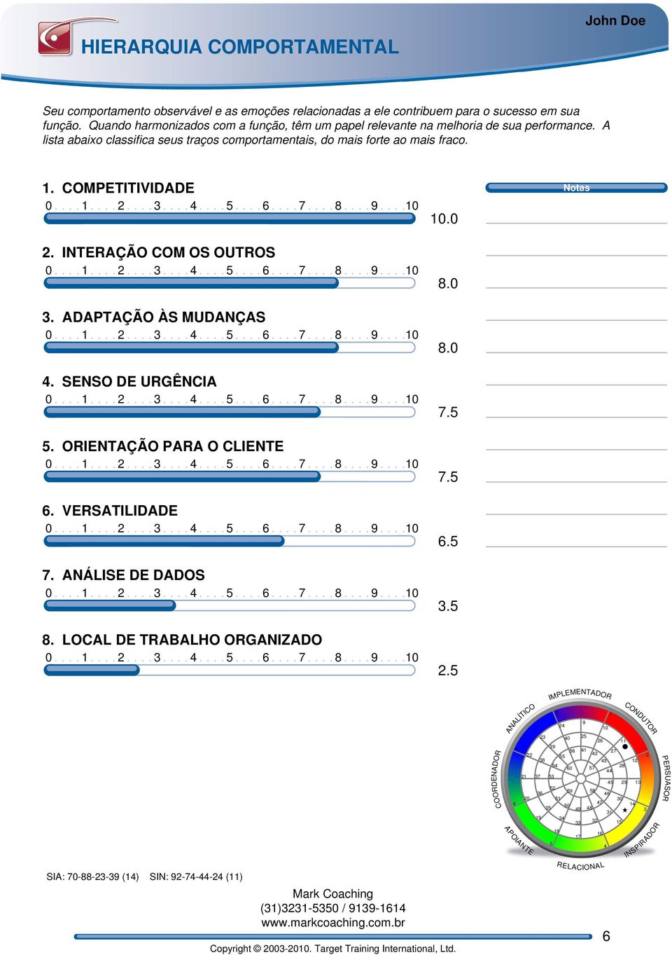 INTERAÇÃO COM OS OUTROS 3. ADAPTAÇÃO ÀS MUDANÇAS 4. SENSO DE URGÊNCIA 5. ORIENTAÇÃO PARA O CLIENTE 6. VERSATILIDADE 7. ANÁLISE DE DADOS 8. LOCAL DE TRABALHO ORGANIZADO 8.0 8.0 7.5 7.5 6.5 3.5 2.