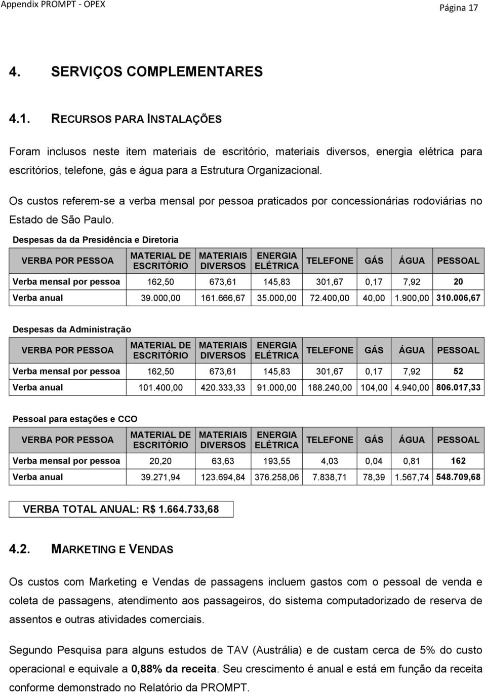 RECURSOS PARA INSTALAÇÕES Foram inclusos neste item materiais de escritório, materiais diversos, energia elétrica para escritórios, telefone, gás e água para a Estrutura Organizacional.