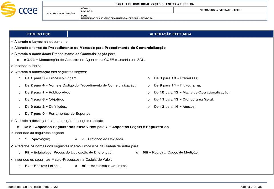 Alterada a numeraçã das seguintes seções: De 1 para 3 Prcess Origem; De 8 para 10 Premissas; De 2 para 4 Nme e Códig d Prcediment de Cmercializaçã; De 9 para 11 Fluxgrama; De 3 para 5 Públic Alv; De