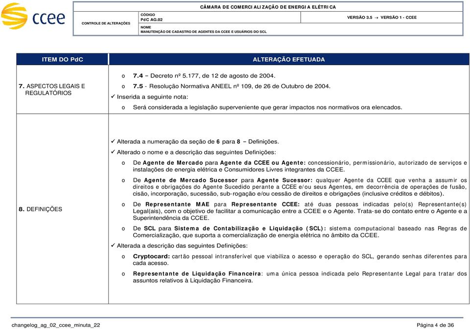 Alterad nme e a descriçã das seguintes Definições: De Agente de Mercad para Agente da CCEE u Agente: cncessinári, perm issinári, autrizad de serviçs e instalações de energia elétrica e Cnsumidres