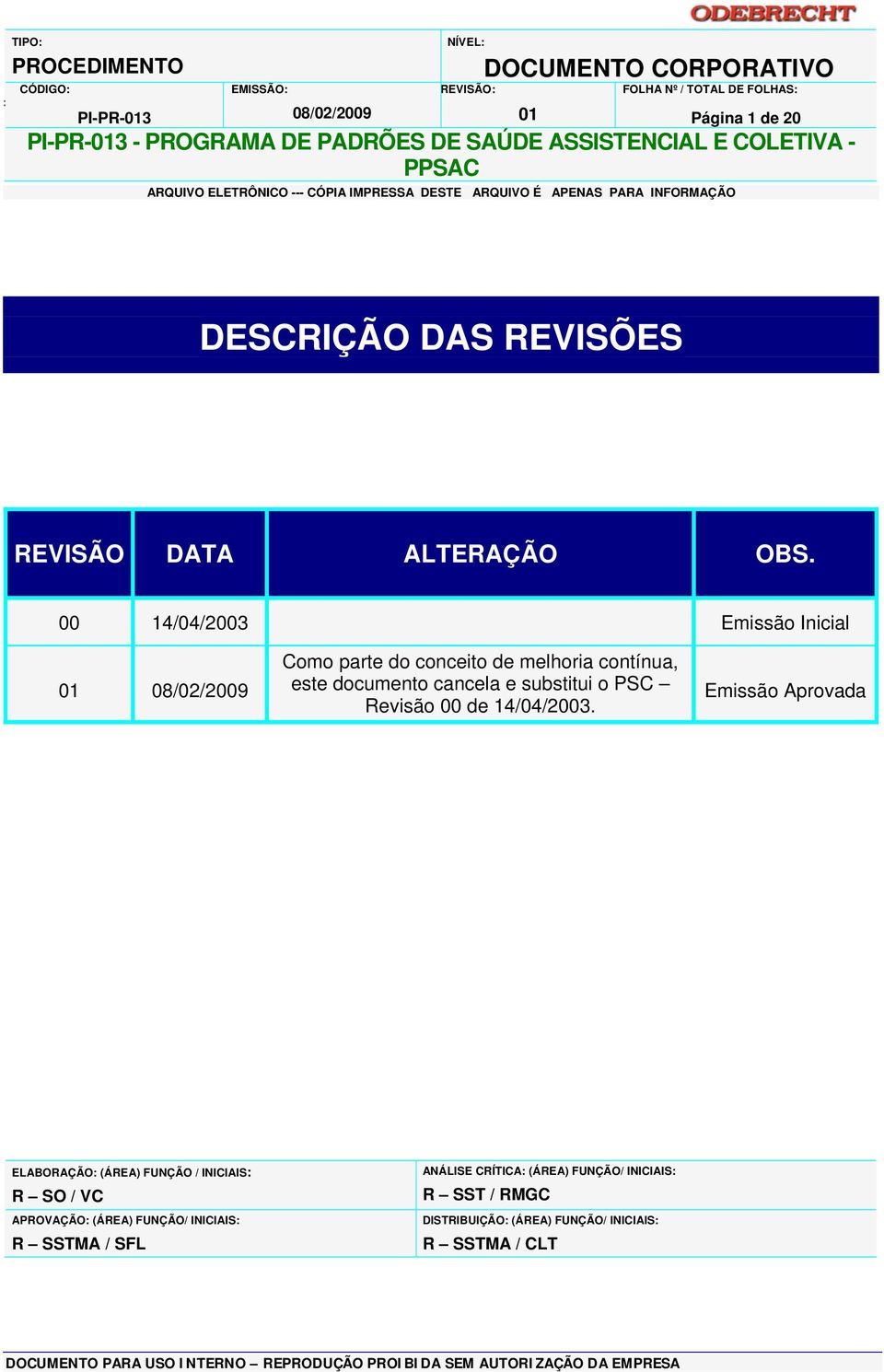 00 14/04/2003 Emissão Inicial Como parte do conceito de melhoria contínua, este documento cancela e substitui o PSC Revisão