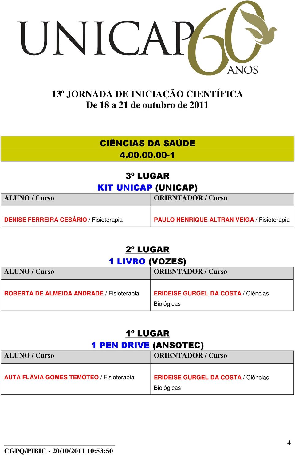 VEIGA / Fisioterapia ROBERTA DE ALMEIDA ANDRADE / Fisioterapia ERIDEISE