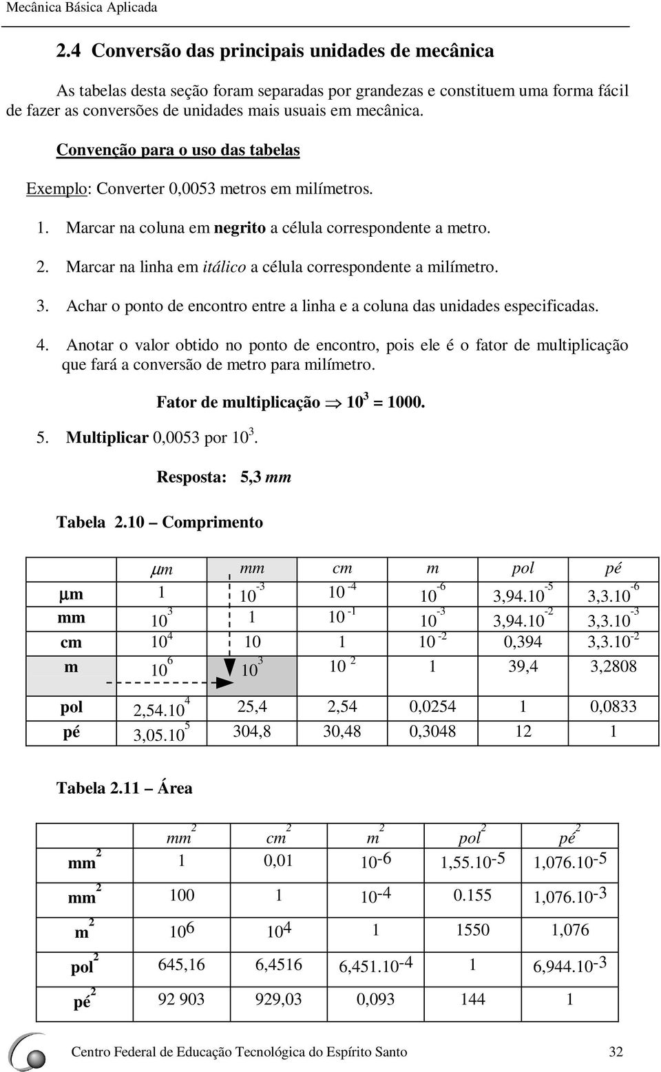 Convenção para o uso das tabelas Exemplo: Converter 0,0053 metros em milímetros. 1. Marcar na coluna em negrito a célula correspondente a metro. 2.