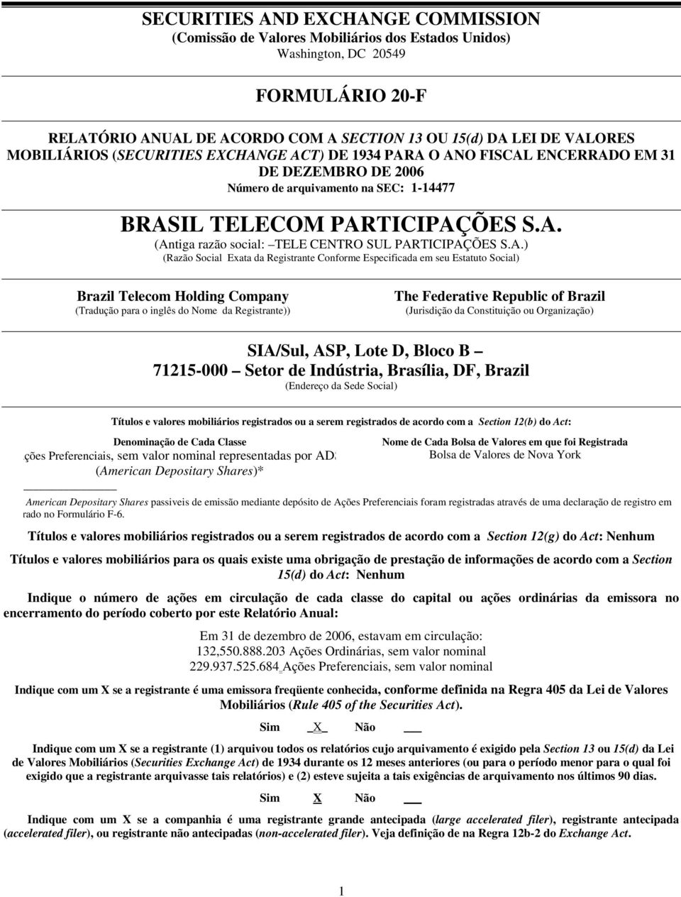 A.) (Razão Social Exata da Registrante Conforme Especificada em seu Estatuto Social) Brazil Telecom Holding Company (Tradução para o inglês do Nome da Registrante)) The Federative Republic of Brazil