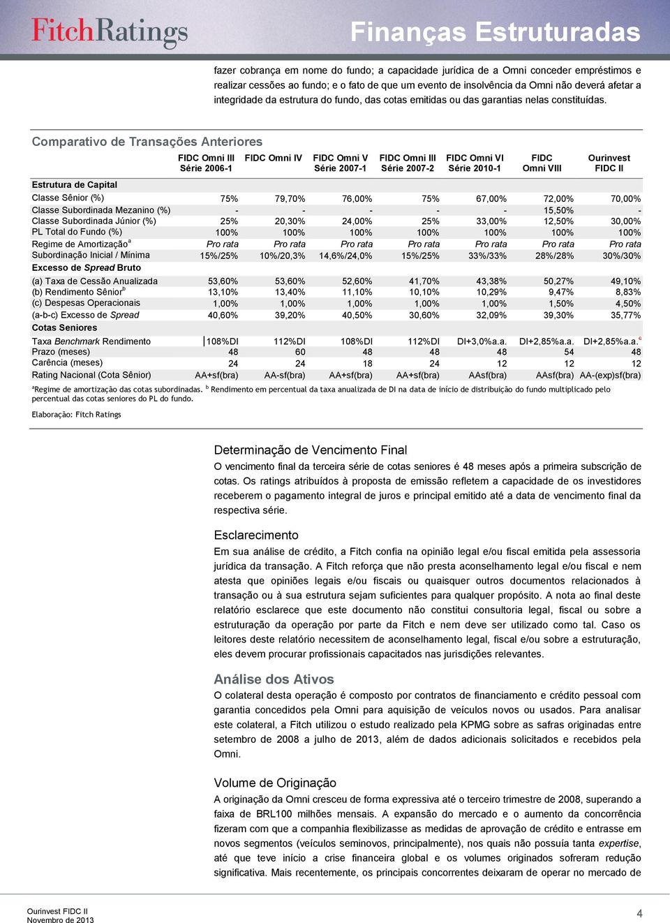 Comparativo de Transações Anteriores FIDC Omni III Série 2006-1 FIDC Omni IV FIDC Omni V Série 2007-1 FIDC Omni III Série 2007-2 FIDC Omni VI Série 2010-1 FIDC Omni VIII Ourinvest FIDC II Estrutura