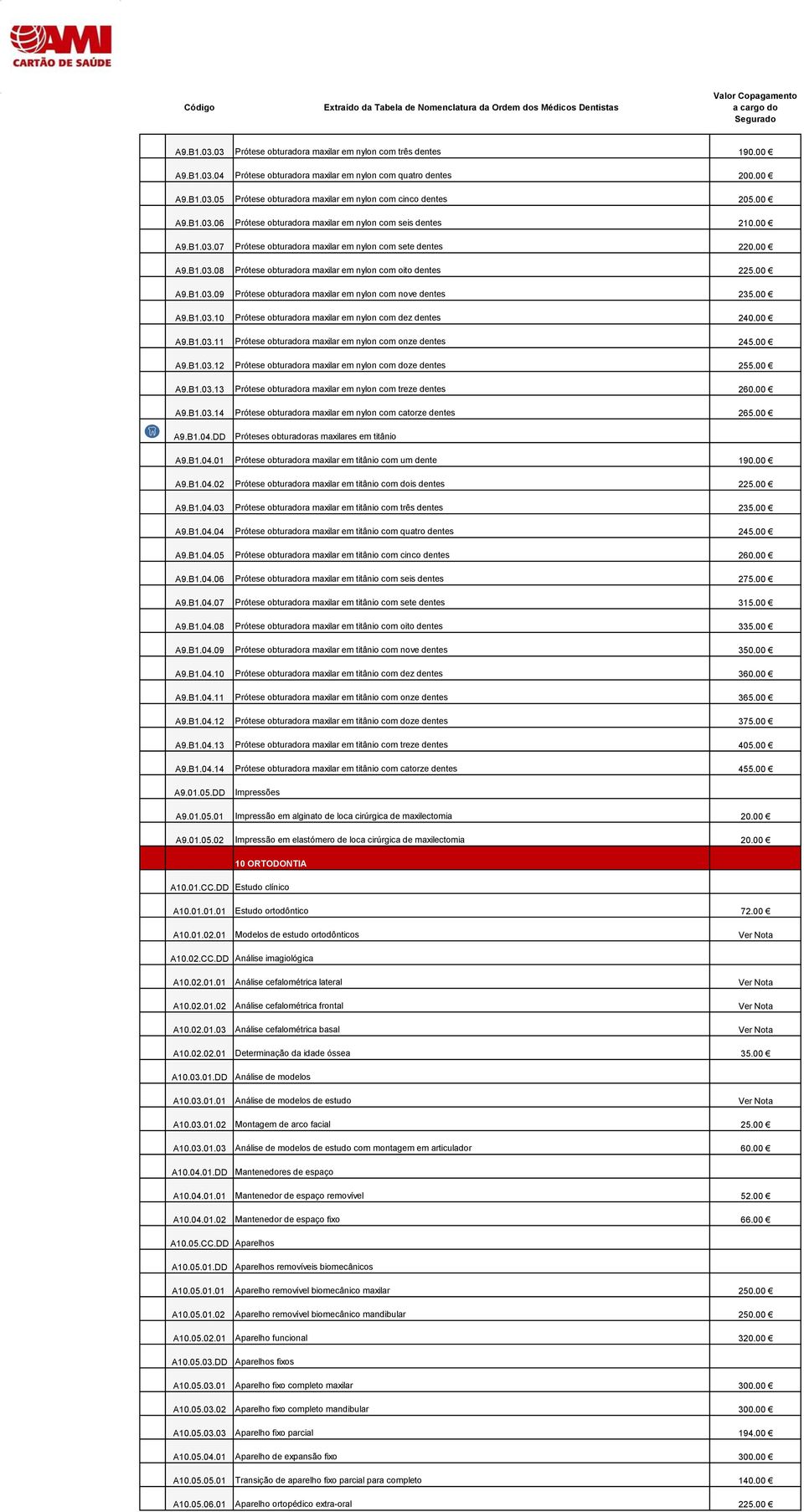 00 A9.B1.03.09 Prótese obturadora maxilar em nylon com nove dentes 235.00 A9.B1.03.10 Prótese obturadora maxilar em nylon com dez dentes 240.00 A9.B1.03.11 Prótese obturadora maxilar em nylon com onze dentes 245.
