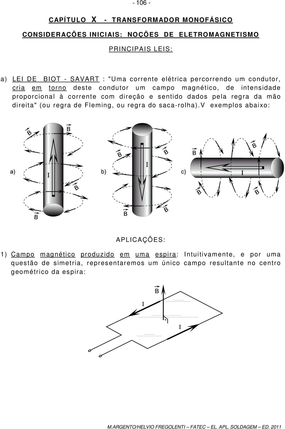 regra da mão direita" (ou regra de Fleming, ou regra do saca-rolha)v exemplos abaixo: ALICAÇÕE: ) Campo magnético produzido em uma espira:
