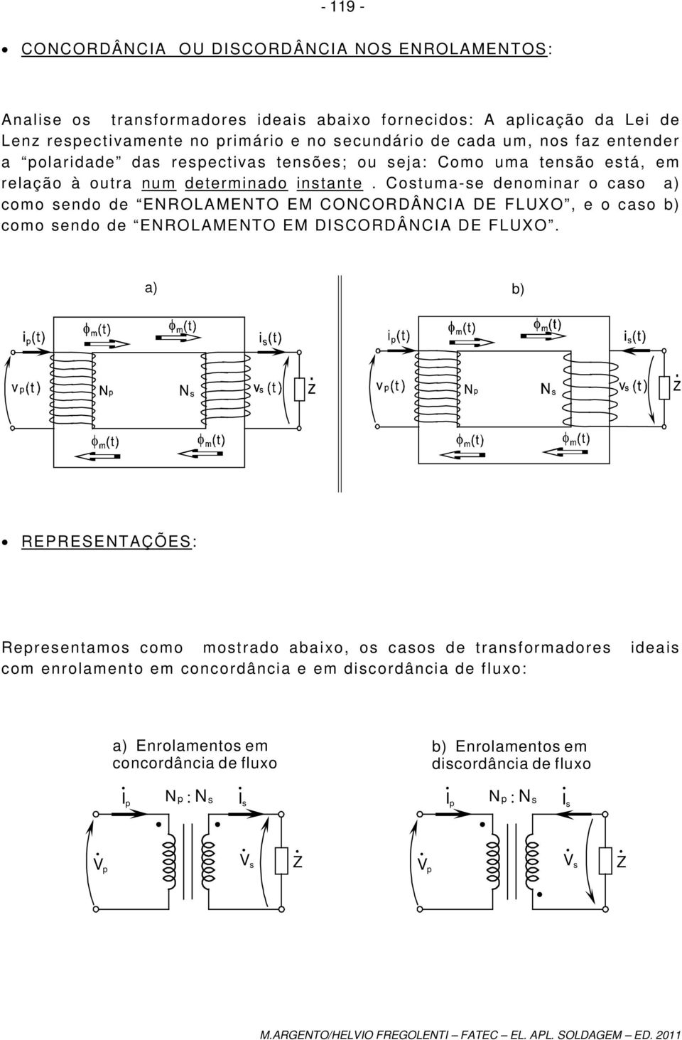 FLUXO, e o caso b) como sendo de EROLAMETO EM DICORDÂCIA DE FLUXO a) b) REREETAÇÕE: Representamos como mostrado abaixo, os casos de transformadores ideais com enrolamento em concordância e em