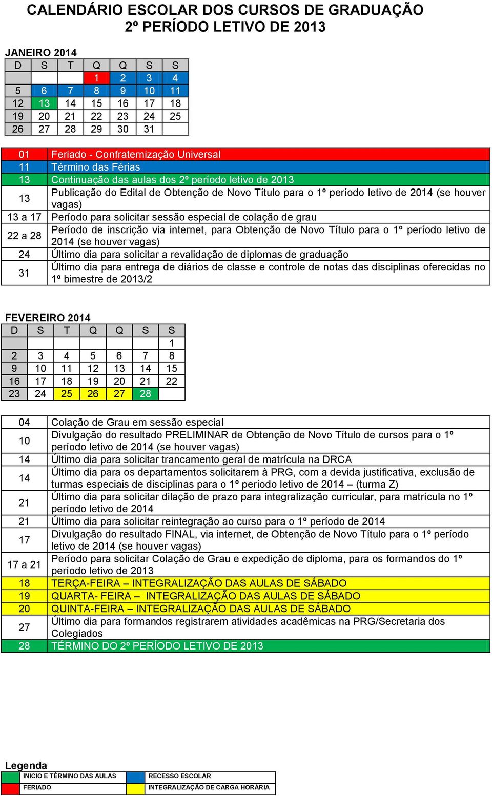 de inscrição via internet, para Obtenção de Novo Título para o 1º período letivo de 24 Último dia para solicitar a revalidação de diplomas de graduação 31 Último dia para entrega de diários de classe