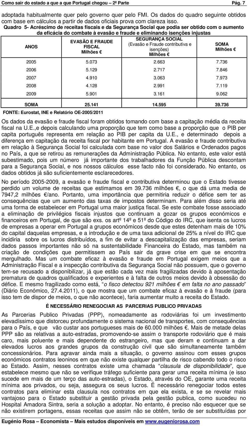 Quadro 5- Acréscimo de receitas fiscais e da Segurança Social que podia ser obtido com o aumento da eficácia do combate à evasão e fraude e eliminando isenções injustas ANOS EVASÃO E FRAUDE FISCAL