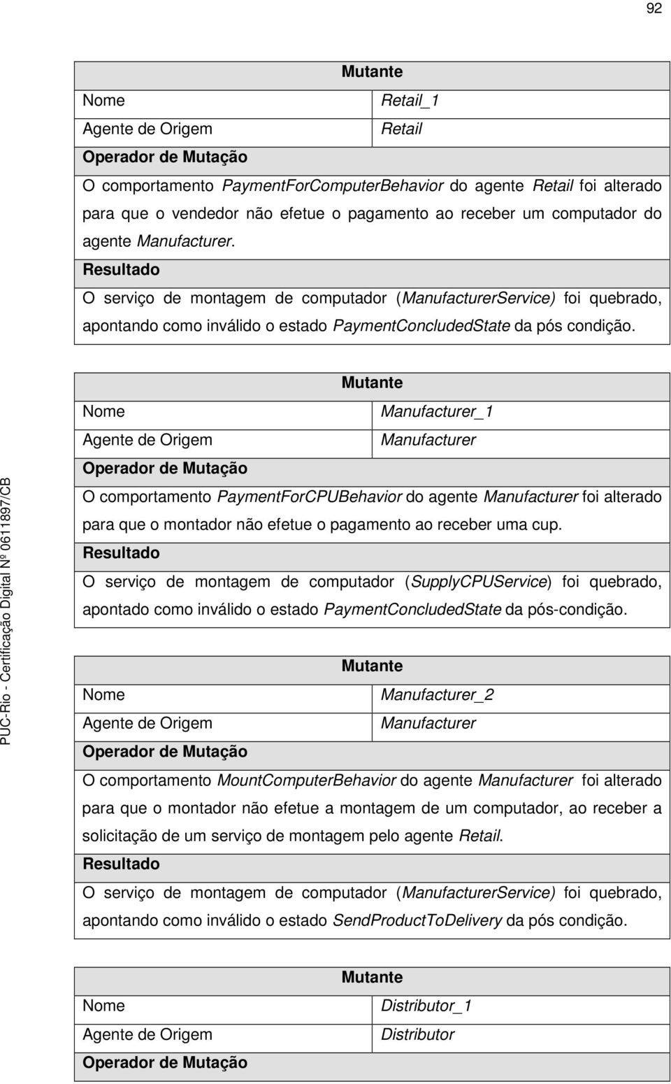 Mutante Nome Manufacturer_1 Agente de Origem Manufacturer Operador de Mutação O comportamento PaymentForCPUBehavior do agente Manufacturer foi alterado para que o montador não efetue o pagamento ao