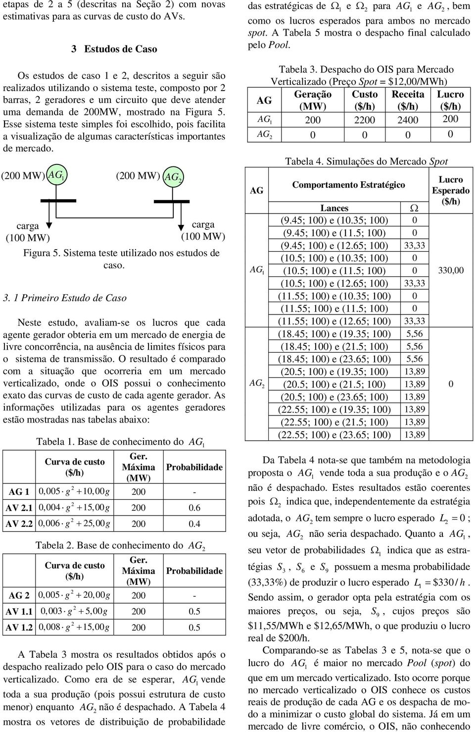 Sistem teste utilizdo nos estudos de cso Primeiro Estudo de Cso Neste estudo, vlim-se os lucros que cd gente gerdor obteri em um mercdo de energi de livre concorrênci, n usênci de limites físicos pr