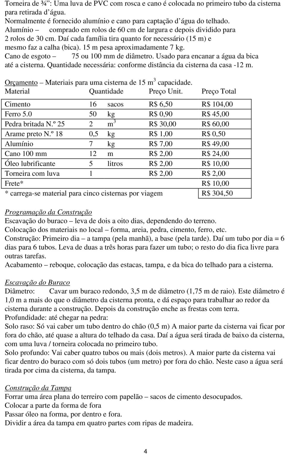 Cano de esgoto 75 ou 100 mm de diâmetro. Usado para encanar a água da bica até a cisterna. Quantidade necessária: conforme distância da cisterna da casa -12 m.