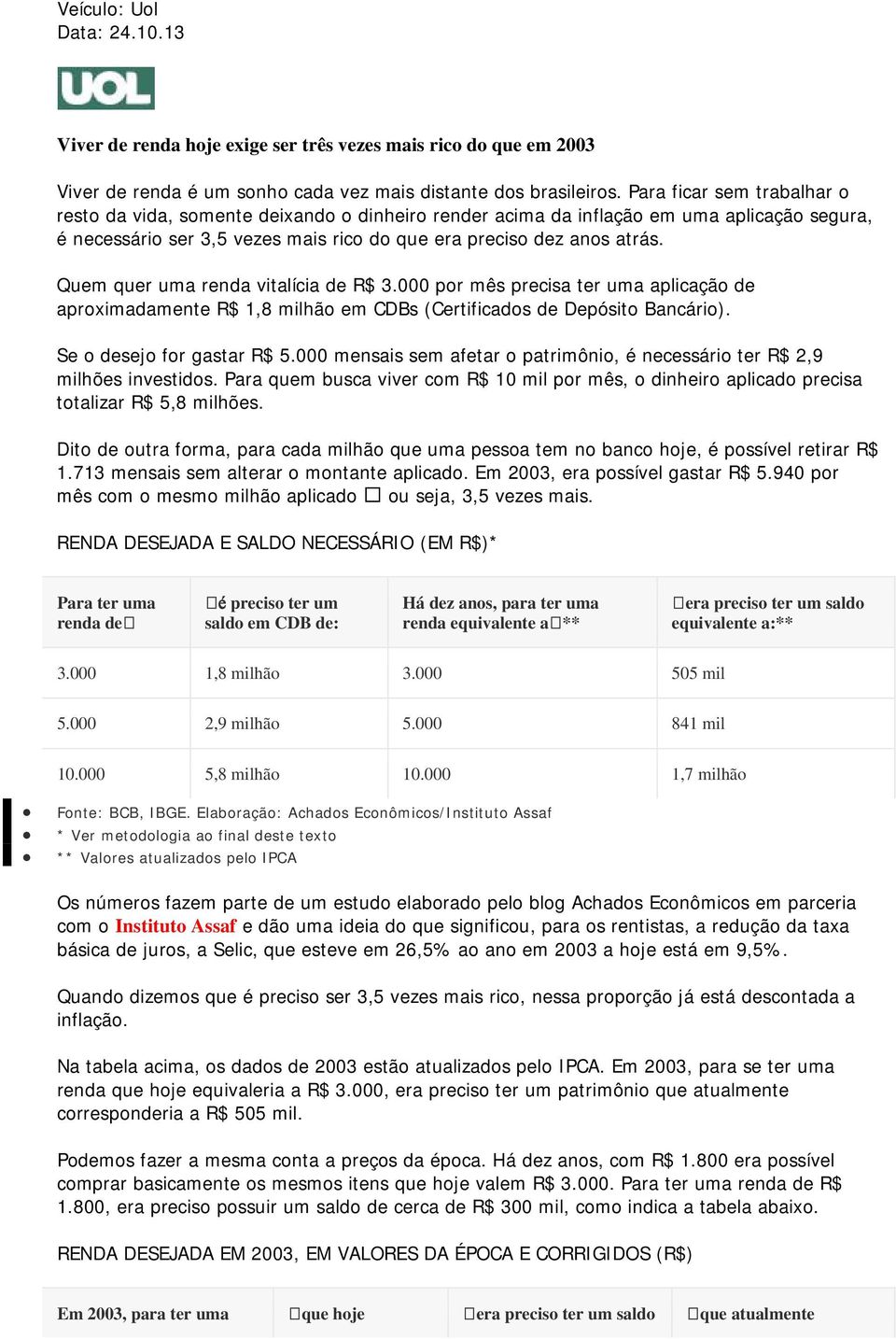 Quem quer uma renda vitalícia de R$ 3.000 por mês precisa ter uma aplicação de aproximadamente R$ 1,8 milhão em CDBs (Certificados de Depósito Bancário). Se o desejo for gastar R$ 5.