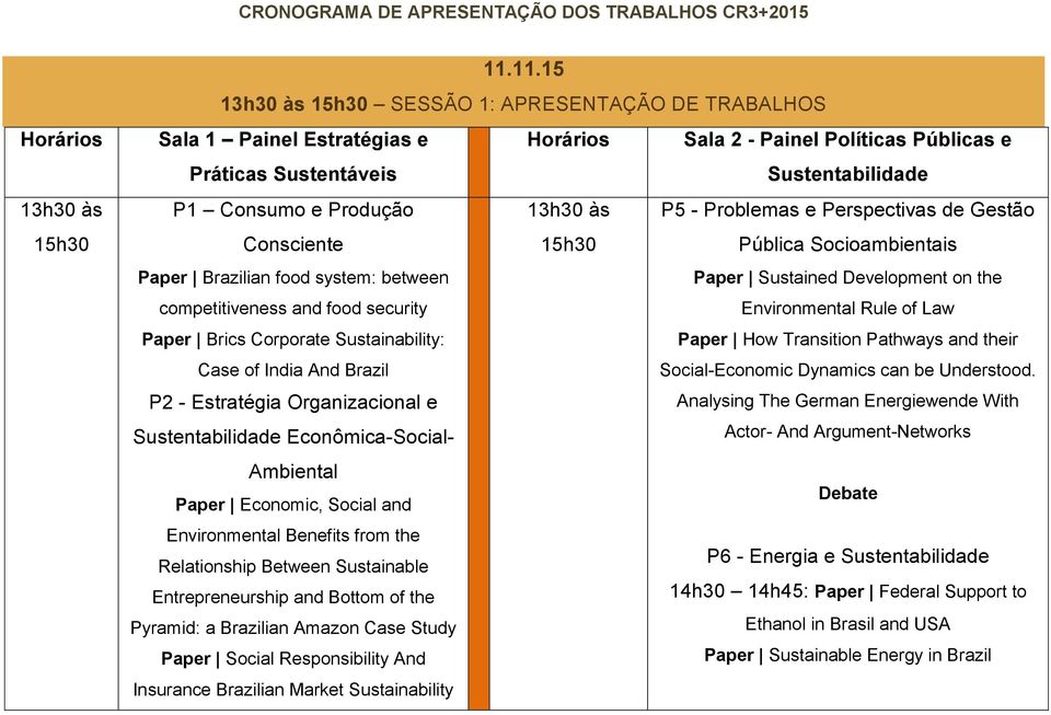 e Perspectivas de Gestão Consciente 15h30 Pública Socioambientais Paper Brazilian food system: between Paper Sustained Development on the competitiveness and food security Environmental Rule of Law